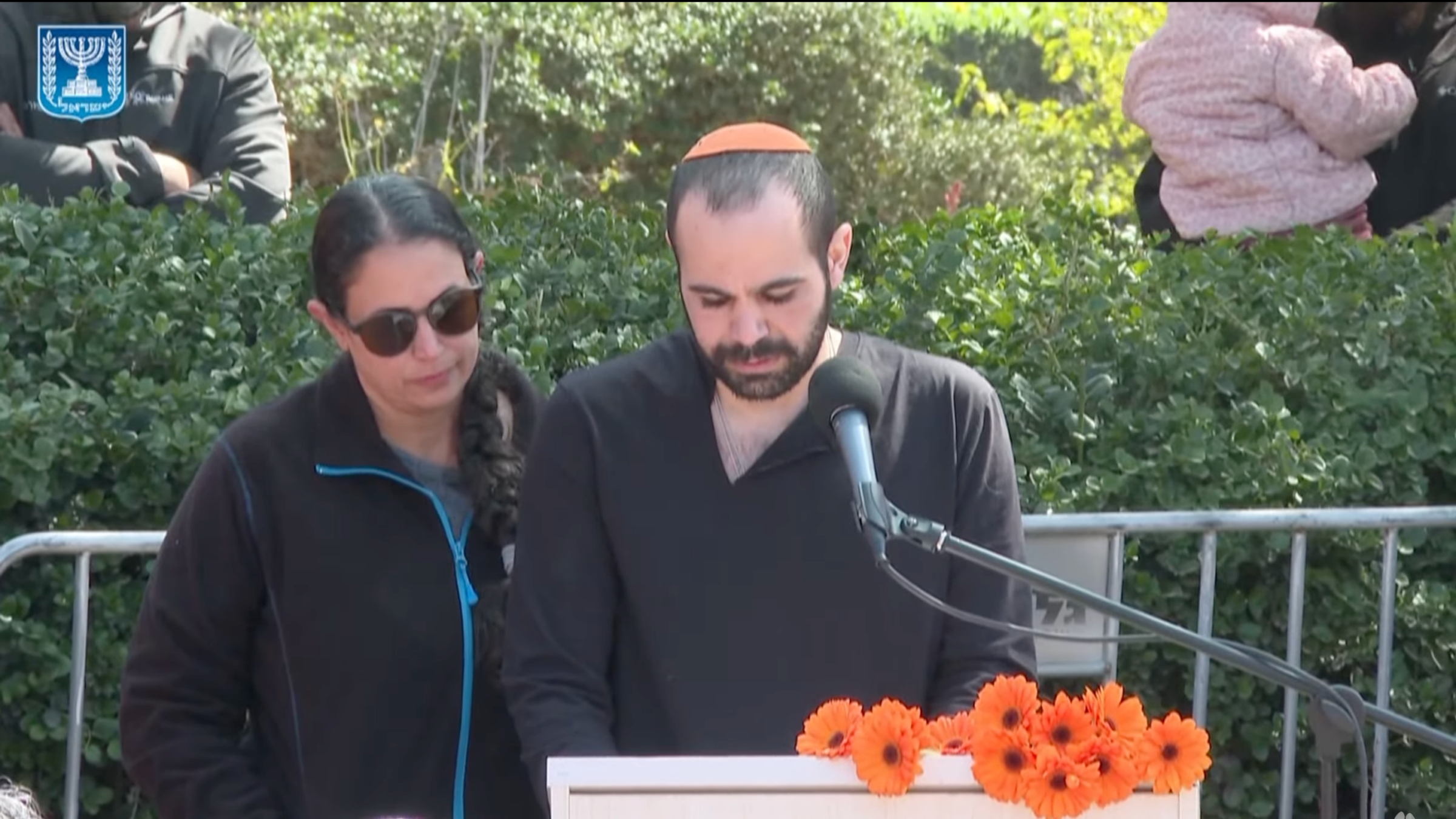 Yarden Bibas speaks at the funeral of his wife and sons, murdered in captivity in Gaza and returned to Israel after 16 months, Feb. 26, 2025. (Screenshot)